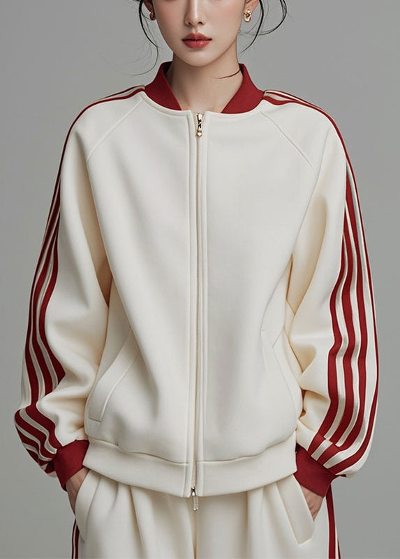 Loose Beige Zip Up Striped Patchwork Cotton Coats Fall Er007