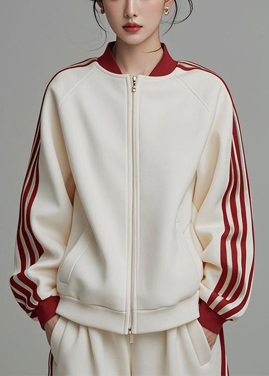 Loose Beige Zip Up Striped Patchwork Cotton Coats Fall Er007