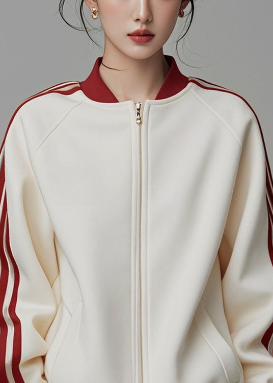 Loose Beige Zip Up Striped Patchwork Cotton Coats Fall Er007
