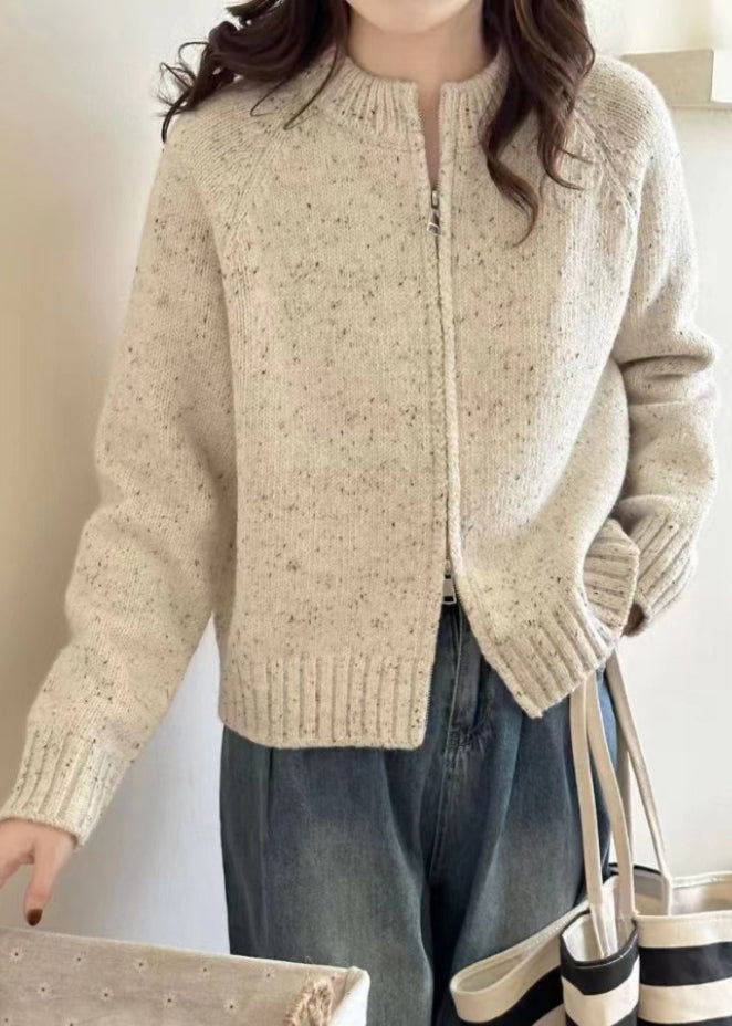 Loose Beige Zippered Patchwork Cozy Knit Coats Long Sleeve Tu012