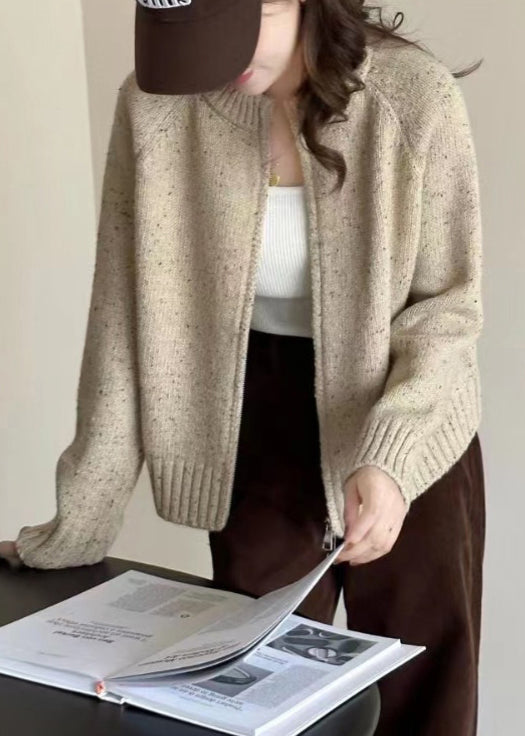 Loose Beige Zippered Patchwork Cozy Knit Coats Long Sleeve Tu012