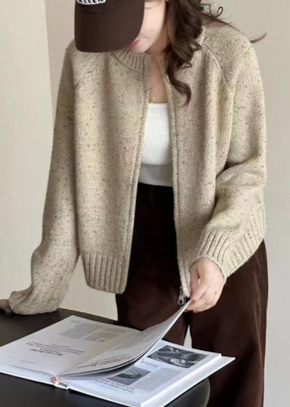 Loose Beige Zippered Patchwork Cozy Knit Coats Long Sleeve Tu012