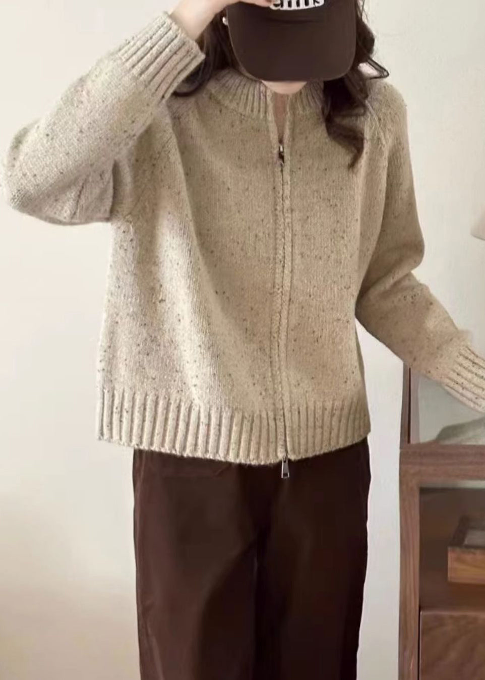 Loose Beige Zippered Patchwork Cozy Knit Coats Long Sleeve Tu012