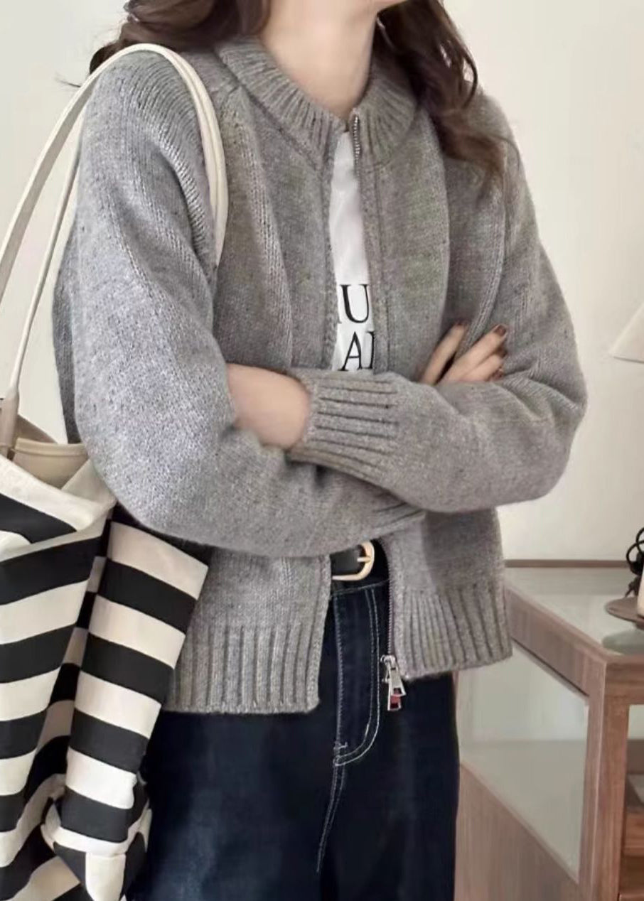 Loose Beige Zippered Patchwork Cozy Knit Coats Long Sleeve Tu012