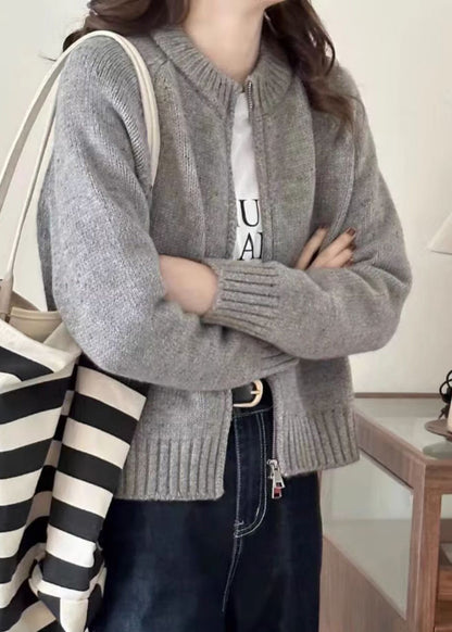 Loose Beige Zippered Patchwork Cozy Knit Coats Long Sleeve Tu012