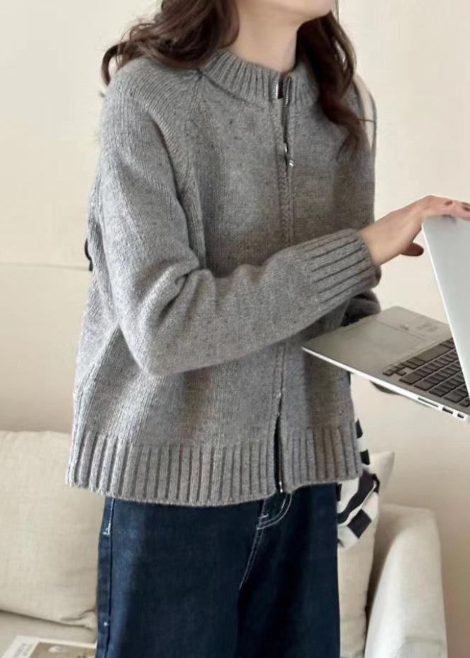 Loose Beige Zippered Patchwork Cozy Knit Coats Long Sleeve Tu012