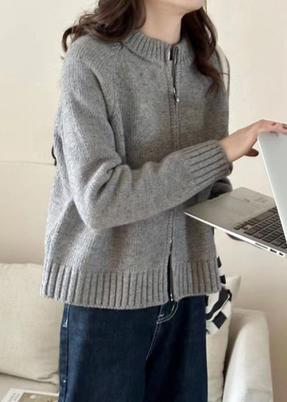 Loose Beige Zippered Patchwork Cozy Knit Coats Long Sleeve Tu012
