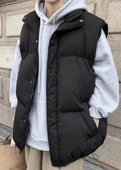 Loose Beige Zippered Pockets Drawstring Cotton Filled Waistcoat Winter Rn014