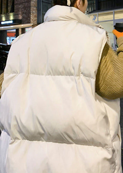 Loose Beige Zippered Pockets Drawstring Cotton Filled Waistcoat Winter Rn014
