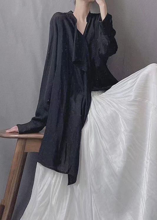 Loose Black Asymmetrical Silk Cotton Blouses Spring Kk021