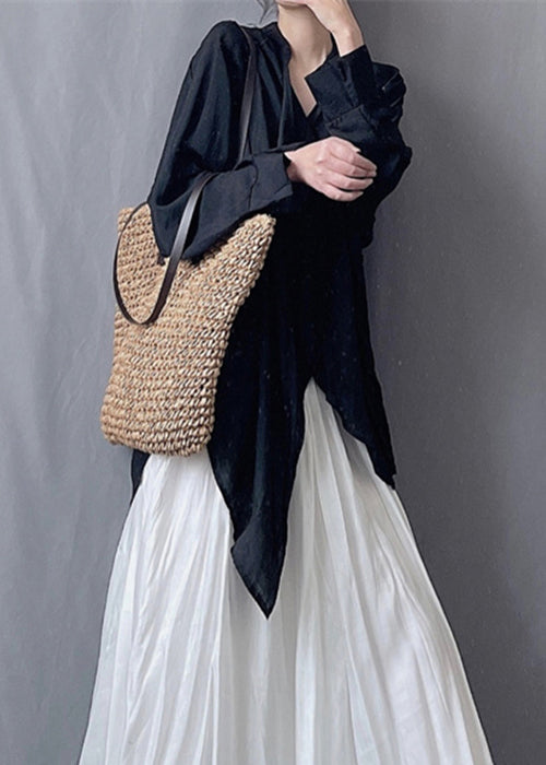 Loose Black Asymmetrical Silk Cotton Blouses Spring Kk021