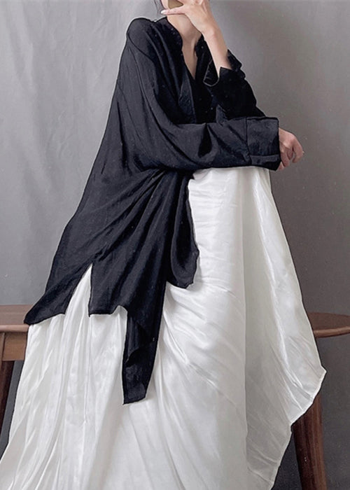 Loose Black Asymmetrical Silk Cotton Blouses Spring Kk021