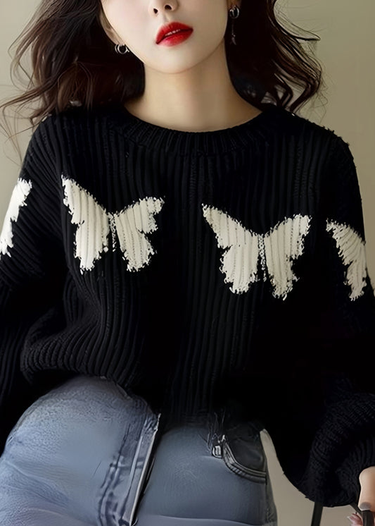 Loose Black Butterfly Print Knit Sweater Winter Wx025
