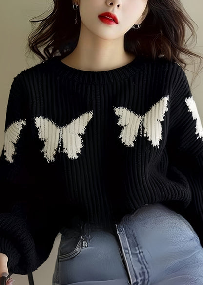 Loose Black Butterfly Print Knit Sweater Winter Wx025