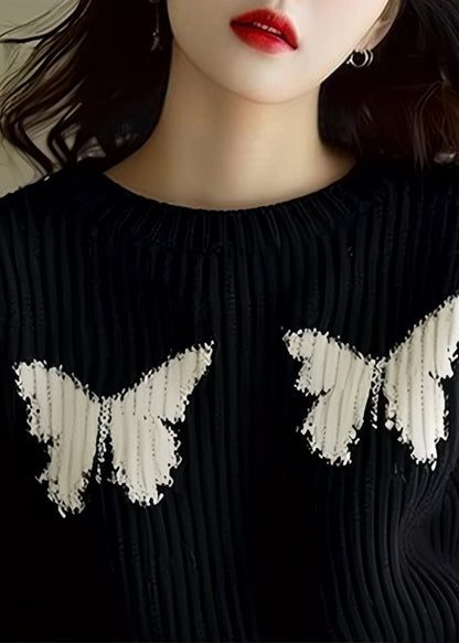 Loose Black Butterfly Print Knit Sweater Winter Wx025