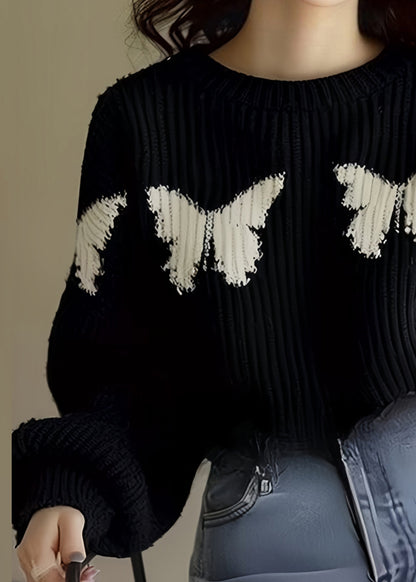 Loose Black Butterfly Print Knit Sweater Winter Wx025