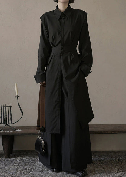 Loose Black Button Shirts and Wide Leg Pants Cotton Two Pieces Set Spring Yz073