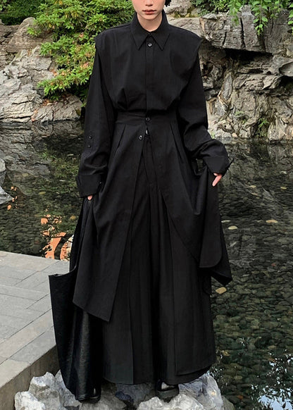 Loose Black Button Shirts and Wide Leg Pants Cotton Two Pieces Set Spring Yz073