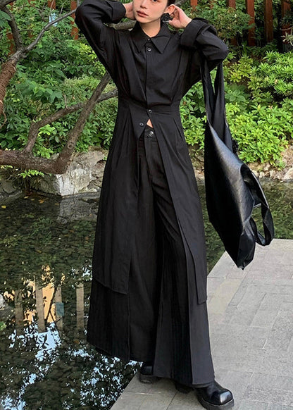 Loose Black Button Shirts and Wide Leg Pants Cotton Two Pieces Set Spring Yz073
