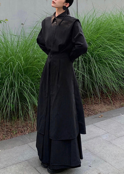 Loose Black Button Shirts and Wide Leg Pants Cotton Two Pieces Set Spring Yz073
