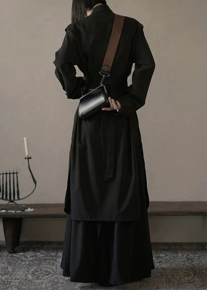 Loose Black Button Shirts and Wide Leg Pants Cotton Two Pieces Set Spring Yz073
