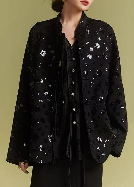 Loose Black Chinese Button Sequins Coats Fall Ab1008