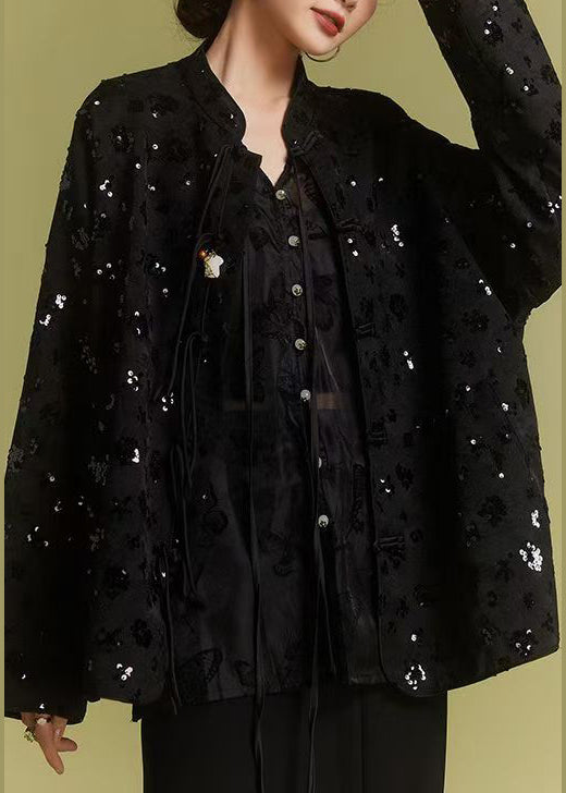 Loose Black Chinese Button Sequins Coats Fall Ab1008