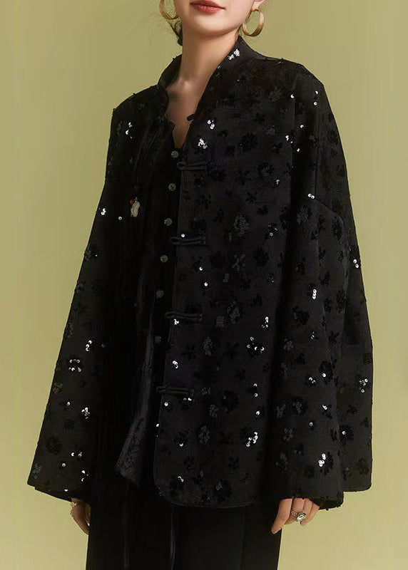Loose Black Chinese Button Sequins Coats Fall Ab1008