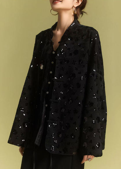 Loose Black Chinese Button Sequins Coats Fall Ab1008