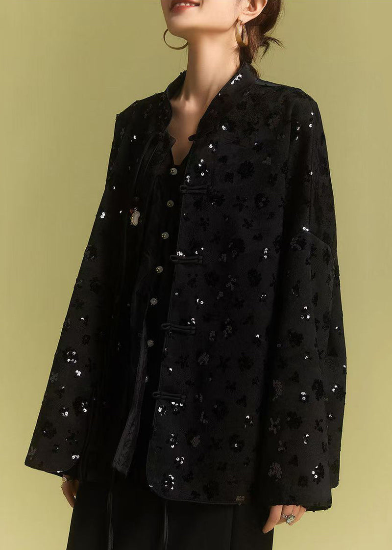 Loose Black Chinese Button Sequins Coats Fall Ab1008
