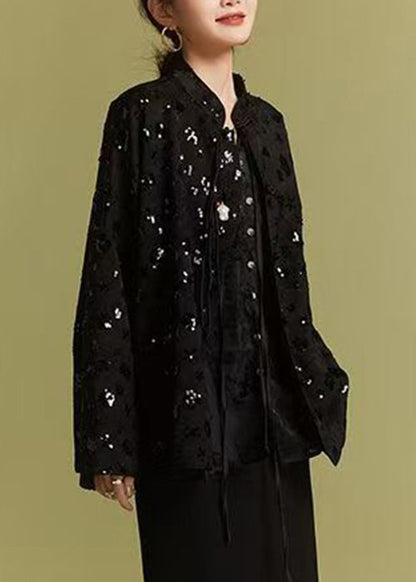 Loose Black Chinese Button Sequins Coats Fall Ab1008