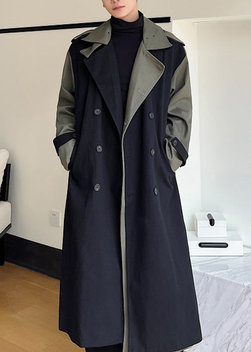 Loose Black Double Breast Pockets Patchwork Cotton Trench Coats Winter Ro052