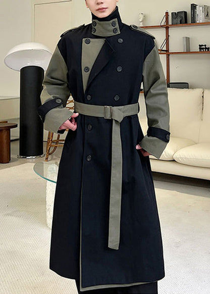 Loose Black Double Breast Pockets Patchwork Cotton Trench Coats Winter Ro052