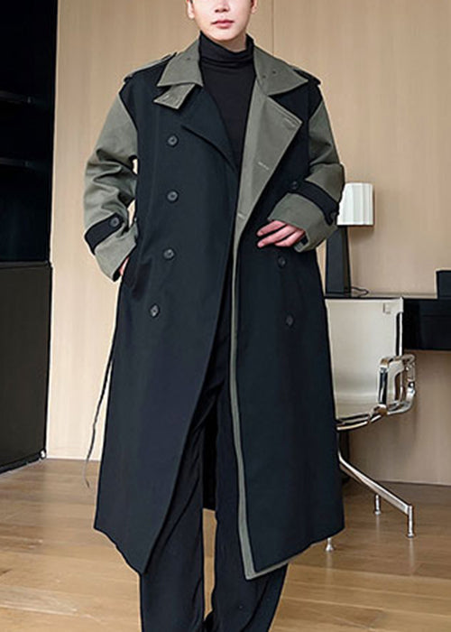 Loose Black Double Breast Pockets Patchwork Cotton Trench Coats Winter Ro052