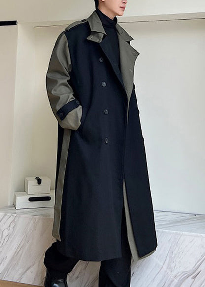 Loose Black Double Breast Pockets Patchwork Cotton Trench Coats Winter Ro052