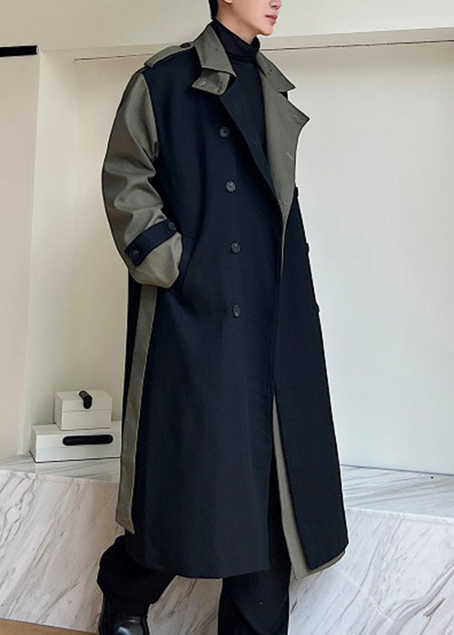 Loose Black Double Breast Pockets Patchwork Cotton Trench Coats Winter Ro052