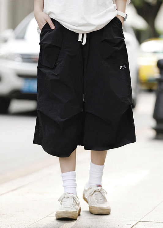 Loose Black Drawstring Pockets Patchwork Crop Pants Summer Yt014