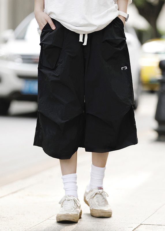 Loose Black Drawstring Pockets Patchwork Crop Pants Summer Yt014