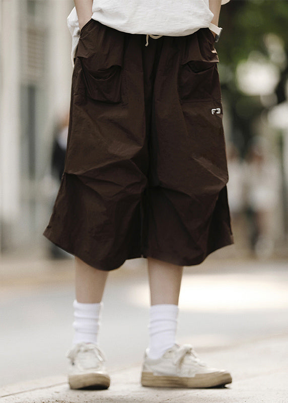 Loose Black Drawstring Pockets Patchwork Crop Pants Summer Yt014