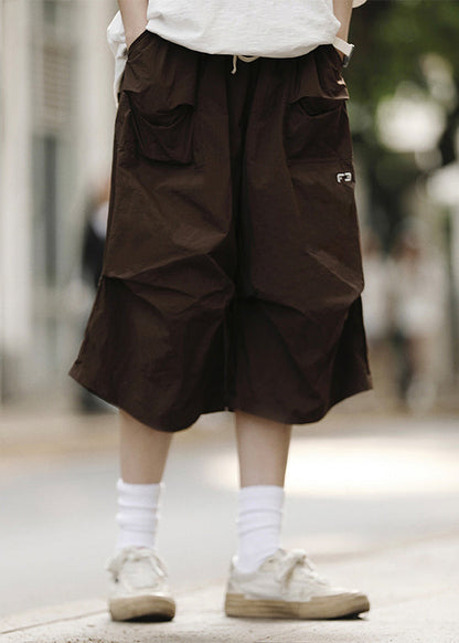 Loose Black Drawstring Pockets Patchwork Crop Pants Summer Yt014