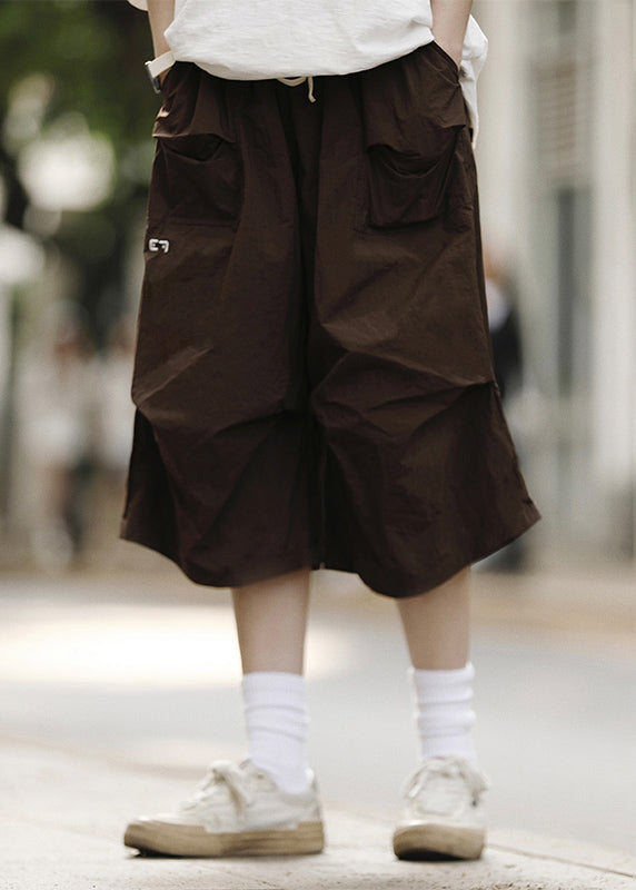 Loose Black Drawstring Pockets Patchwork Crop Pants Summer Yt014