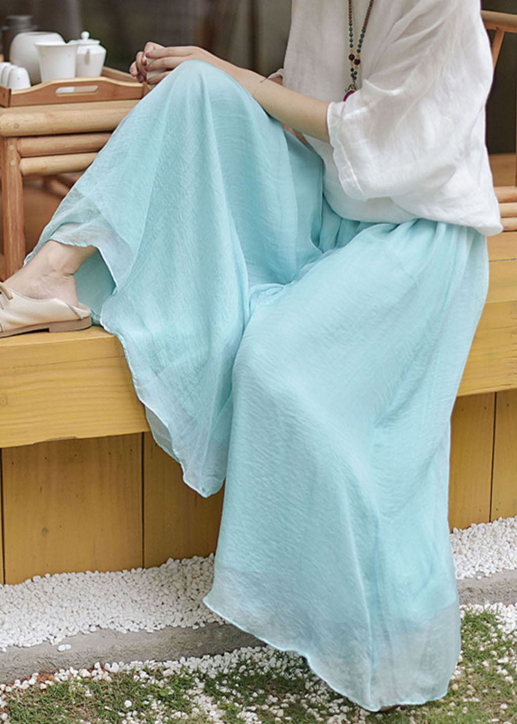 Loose Black Elastic Waist Draping Linen Wide Leg Pants Summer Tj035