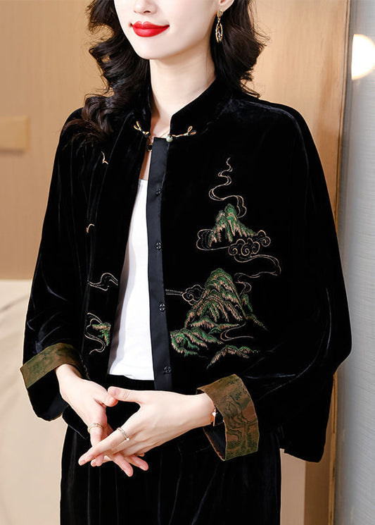Loose Black Embroidered Button Silk Velour Coat Fall Qo078