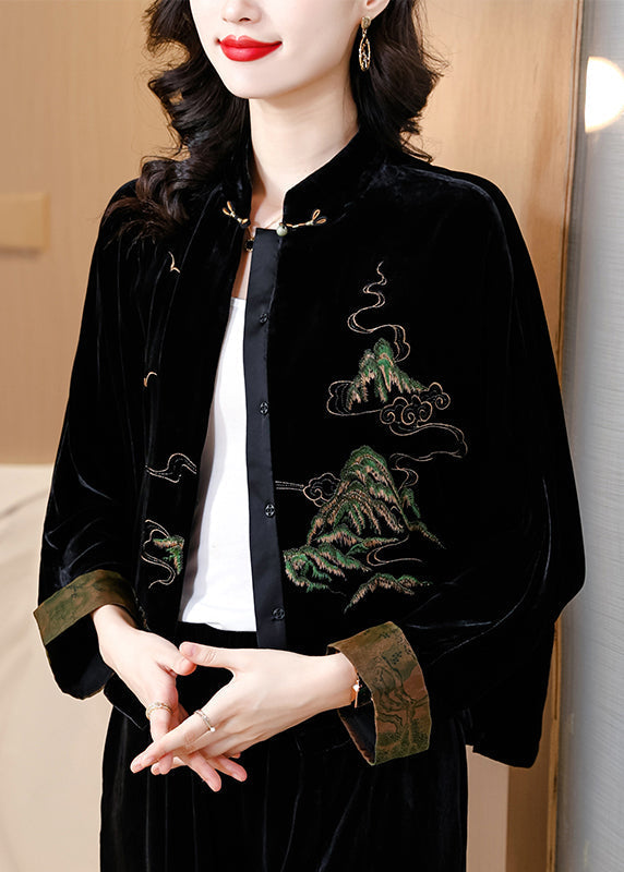 Loose Black Embroidered Button Silk Velour Coat Fall Qo078