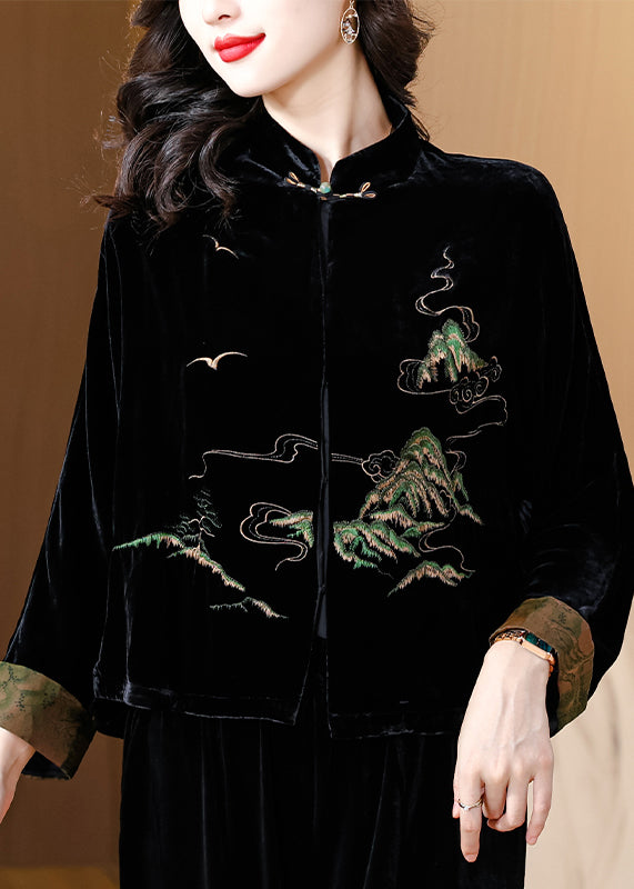 Loose Black Embroidered Button Silk Velour Coat Fall Qo078