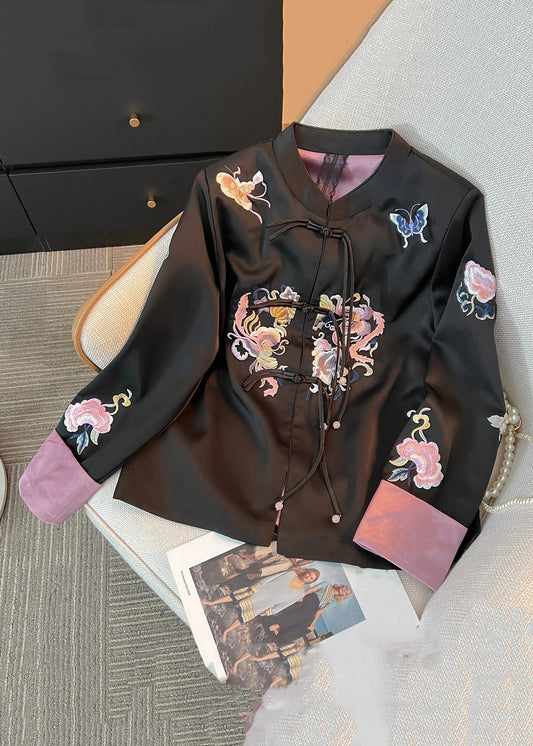 Loose Black Embroidered Chinese Button Silk Coat Fall Qo015