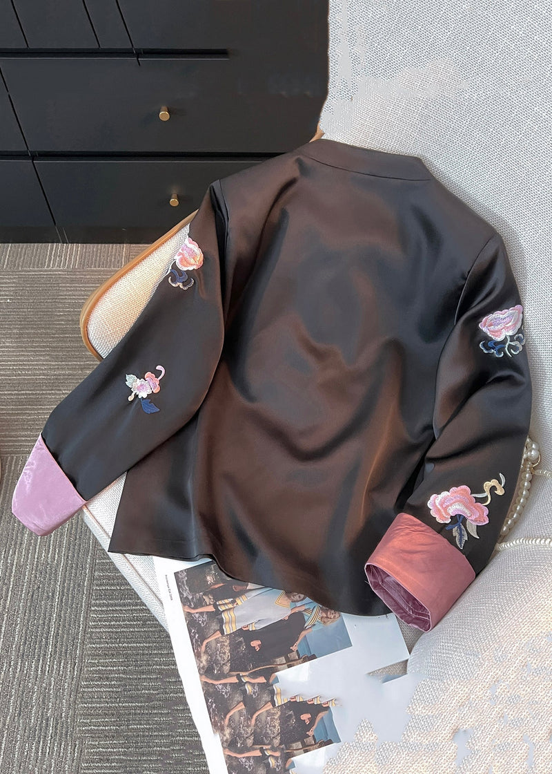 Loose Black Embroidered Chinese Button Silk Coat Fall Qo015