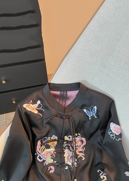 Loose Black Embroidered Chinese Button Silk Coat Fall Qo015