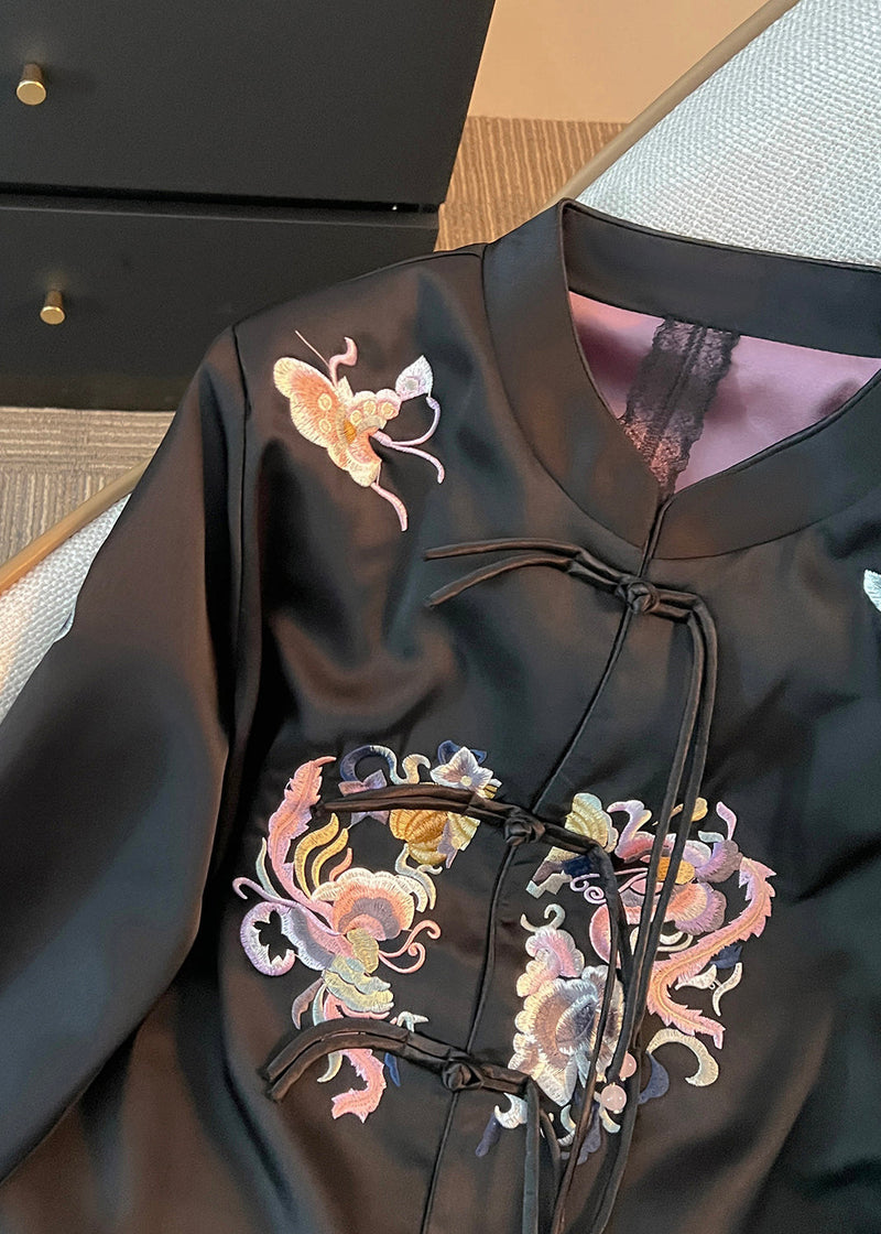 Loose Black Embroidered Chinese Button Silk Coat Fall Qo015
