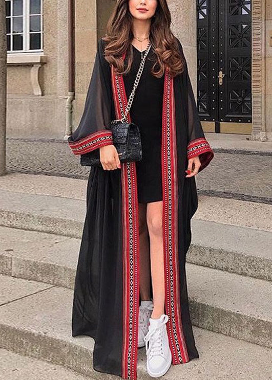 Loose Black Embroidered Tie Waist Chiffon Cardigans Long Sleeve Op1052